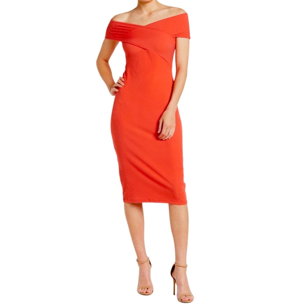 DUAL NATURE Nordstrom Tomato Red Ribbed Knit Off the Shoulder Stretch Midi Dress